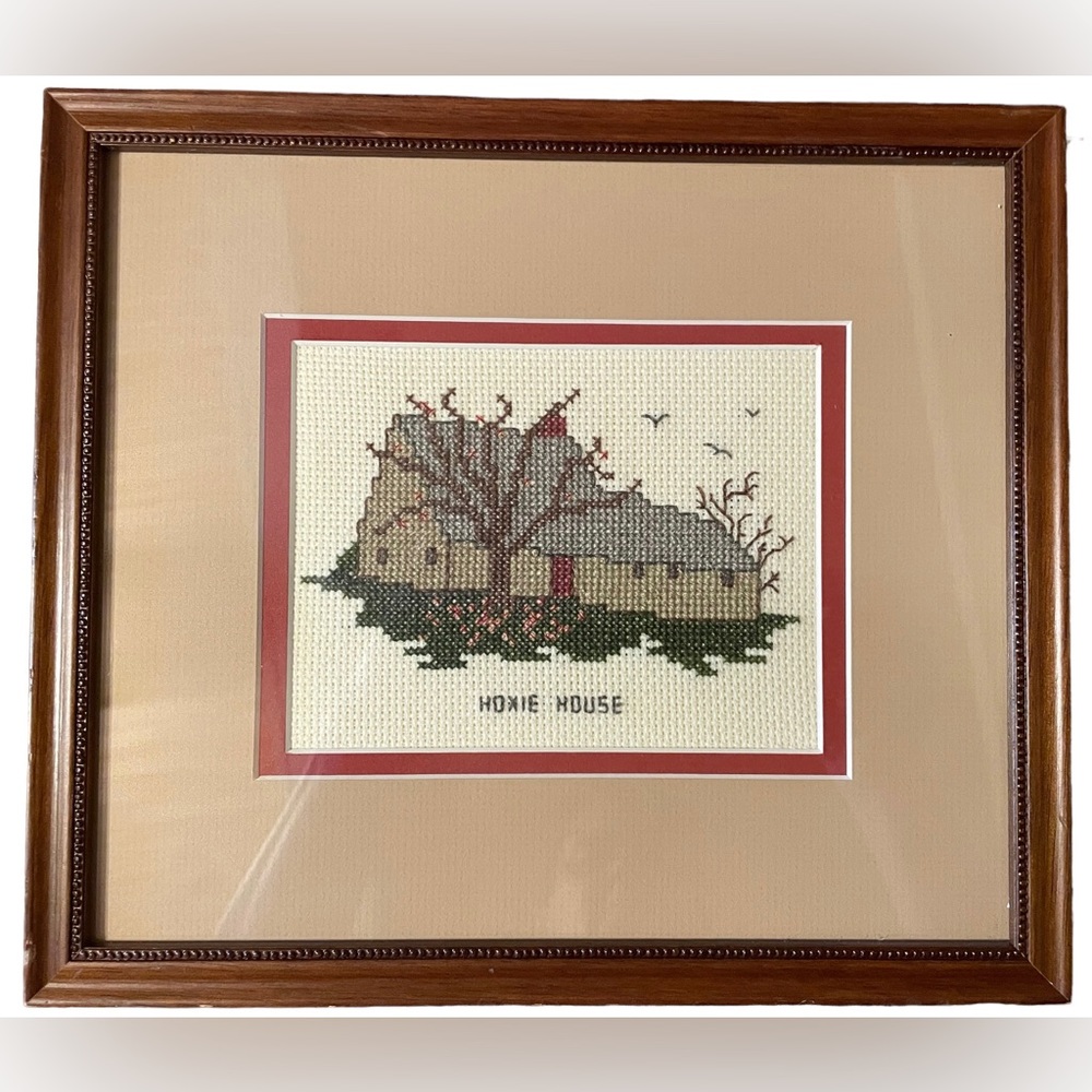 Handmade Framed Cross Stitch Embroidery Hoxie House Sandwich Cape Cod MA  9"x10"